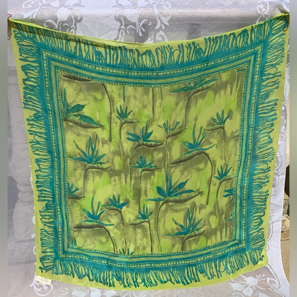 DANA BUCHMAN Silk Scarf shawl Bird of Paradise  Green blue 42” x 42” - Picture 2 of 6